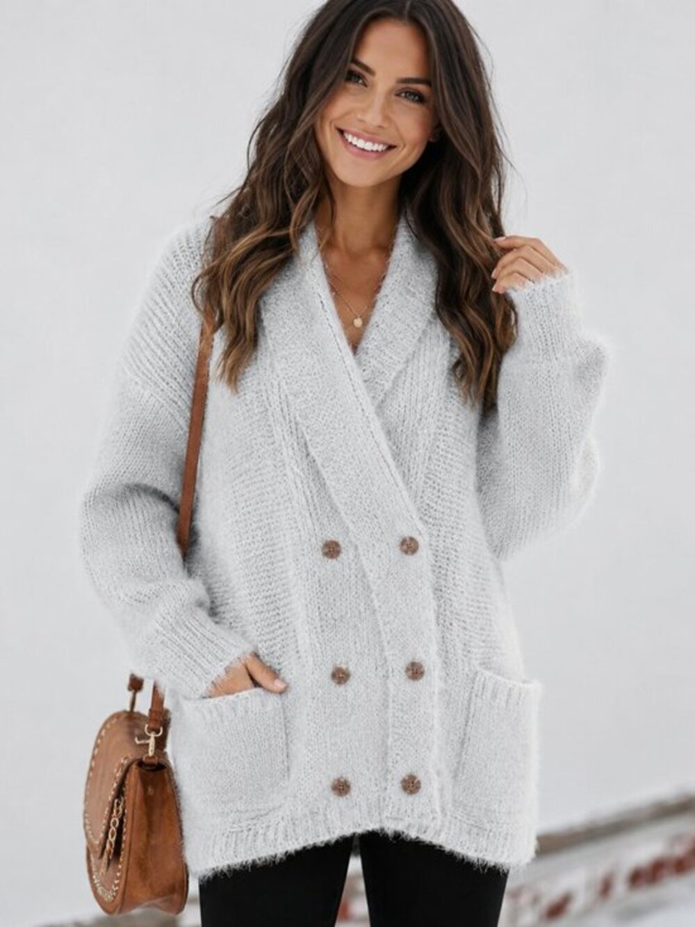 Women’s Super Soft Gray Fuzzy Cardigan Button Front Relaxed Fit